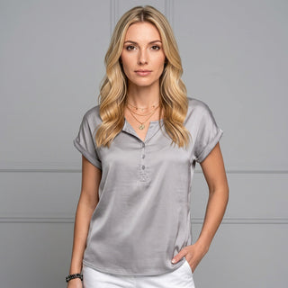 Women's Elegant V-Neck Blouse – Short Sleeve Silk Look Fabric for Casual & Evening Wear