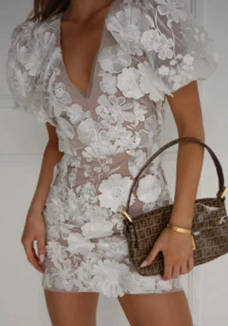 Women's Elegant Floral Mini Dress – Sheer Puff Sleeves for Wedding Guests