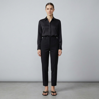 Front view of a female model wearing a black button-down shirt and trousers paired with black studded bow jelly sandals.