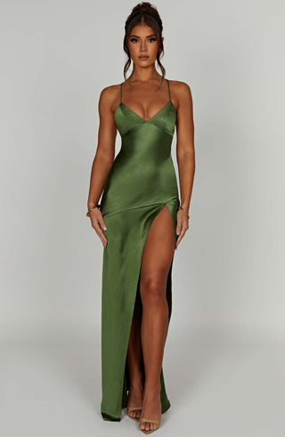 Women's Lace-Up Back High Slit Maxi Dress – Elegant Evening Gown