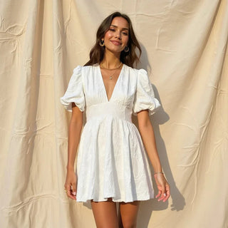 Women's Elegant Floral Mini Dress – White Embroidered Fitted for Weddings & Summer Events