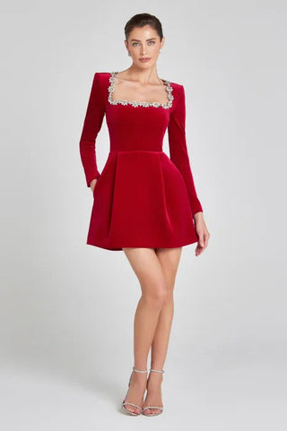 Women's Elegant Velvet Mini Dress – Square Neck Long Sleeve for Cocktail & Formal Events