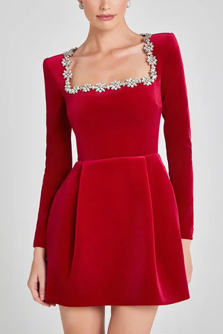 Women's Elegant Velvet Mini Dress – Square Neck Long Sleeve for Cocktail & Formal Events