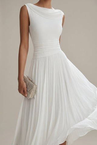 Women's Elegant Sleeveless Midi Dress – Draped Neckline & Pleated Skirt for Wedding Guests
