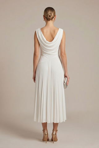 Women's Elegant Sleeveless Midi Dress – Draped Neckline & Pleated Skirt for Wedding Guests