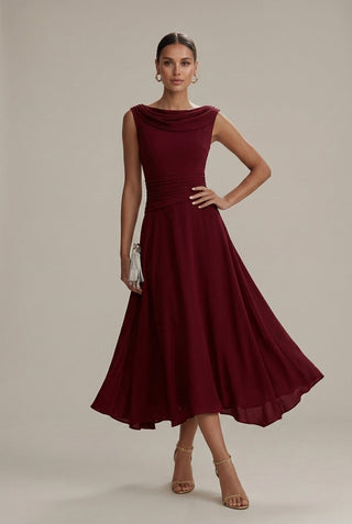 Women's Elegant Sleeveless Midi Dress – Draped Neckline & Pleated Skirt for Wedding Guests
