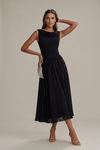 Women's Elegant Sleeveless Midi Dress – Draped Neckline & Pleated Skirt for Wedding Guests