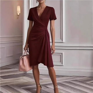 Women's Elegant V-Neck Midi Dress – Lightweight Short Sleeve Summer Dress for Casual Wear