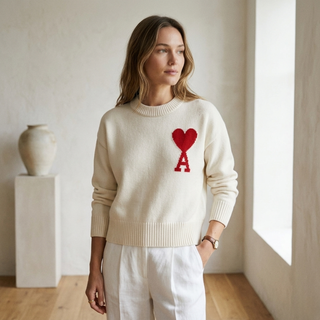 Woman wearing a cream sweater with a red heart and letter 'A' design, standing in a room with a vase and light-colored walls.