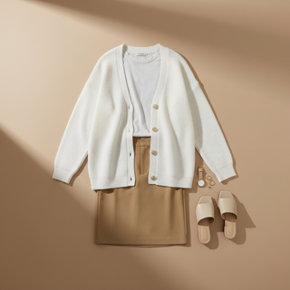 White cardigan, beige skirt, and shoes on a beige background