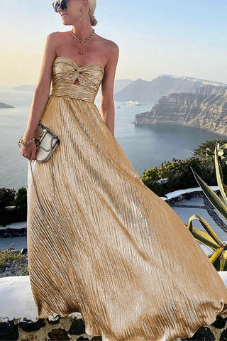 Women's Elegant Strapless Evening Dress – Pleated Shiny Bustier for Weddings & Formal Events