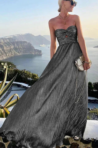 Women's Elegant Strapless Evening Dress – Pleated Shiny Bustier for Weddings & Formal Events