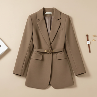 Brown blazer with a belt on a beige background