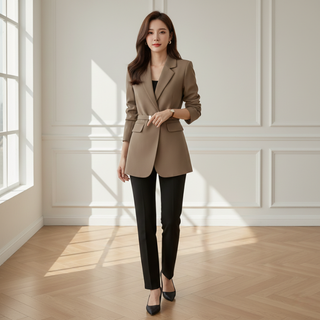 Woman in a beige blazer and black pants standing in a well-lit room with wooden flooring and white walls.
