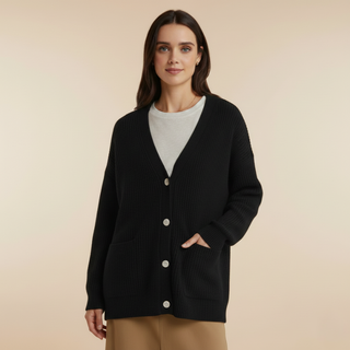 Woman wearing a black cardigan on a beige background