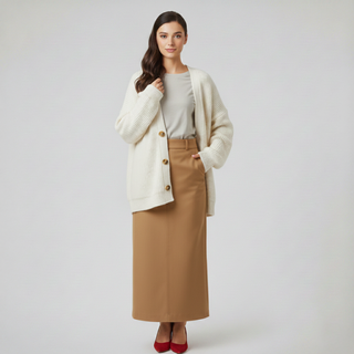 Woman wearing a cream cardigan, beige skirt, and red shoes on a light gray background