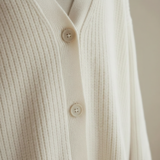 Close-up of a beige ribbed knit cardigan with buttons on a neutral background