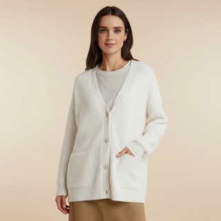 Woman wearing a white cardigan on a beige background