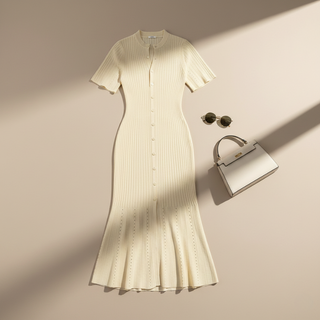 Beige dress with matching handbag and earrings on a beige background