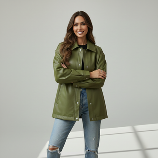 Woman wearing a green jacket and jeans standing against a plain background