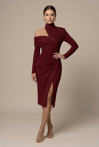 Women's Elegant Bodycon Midi Dress – One-Shoulder Ruched with Front Slit for Formal Events
