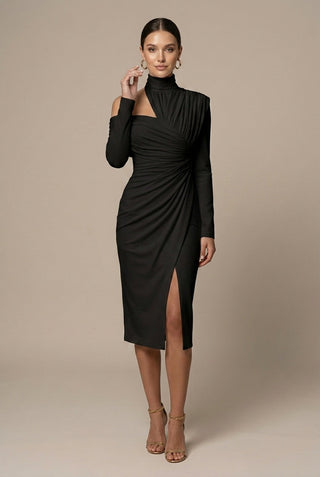 Women's Elegant Bodycon Midi Dress – One-Shoulder Ruched with Front Slit for Formal Events