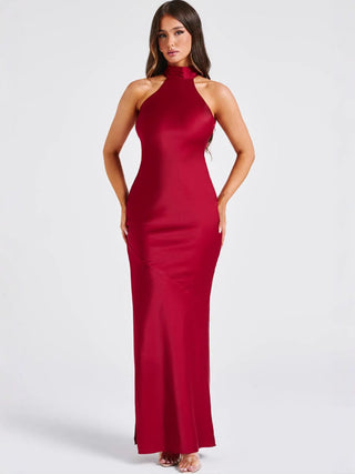 Women's Satin Halter Neck Maxi Dress – Elegant Wedding Guest Dress