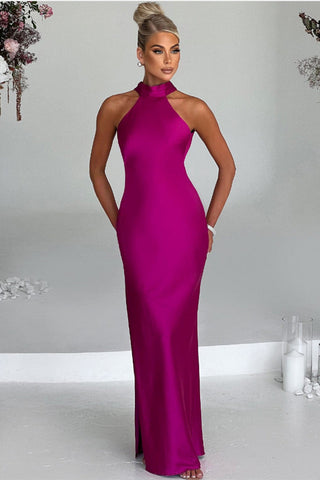 Women's Satin Halter Neck Maxi Dress – Elegant Wedding Guest Dress