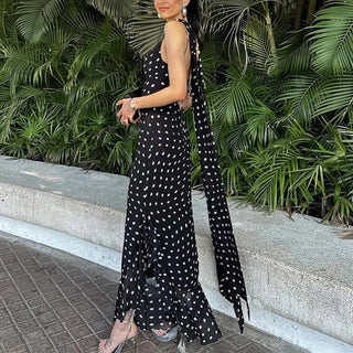 Women's Elegant Polka Dot Maxi Dress – Spaghetti Strap for Weddings & Summer Events