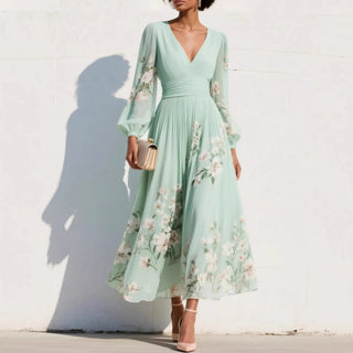 Women's Elegant Floral Maxi Dress – V-Neck Bishop Sleeves & Pleated Skirt for Garden Parties