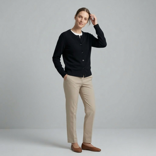 Model posing in a classic black knit cardigan paired with neutral-colored trousers.