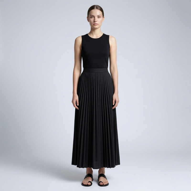 Woman wearing a black sleeveless top and pleated skirt on a light gray background