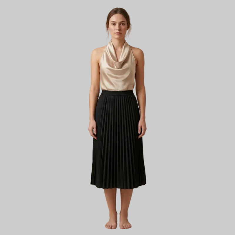 Woman wearing a beige sleeveless top and black pleated skirt on a beige background