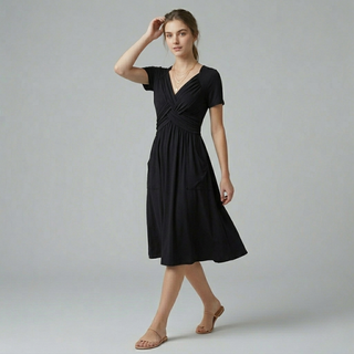 A woman wearing a black short-sleeve midi dress with a twist-front bodice and a flared skirt.