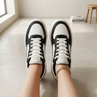 Black and white sneakers on a person's feet with a minimal background