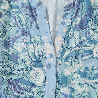 Close-up of a blue and white paisley patterned fabric