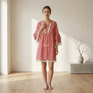 Woman wearing a red patterned dress in a minimalistic room.