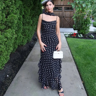 Women's Elegant Polka Dot Maxi Dress – Spaghetti Strap for Weddings & Summer Events