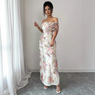 Women's Elegant Floral Maxi Dress – Off-Shoulder Ruffle Bodycon for Wedding Guests