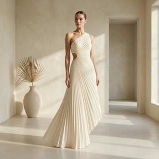 A woman wearing an elegant cream one-shoulder pleated maxi dress with a side cutout in a sunlit minimalist room.
