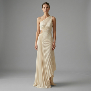 Front view of a cream one-shoulder maxi dress featuring a high-waist cutout and floor-length pleated skirt.