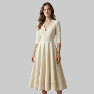 High-fashion editorial photo of a cream V-neck dress with a cinched waist and pleated flared skirt on a model.