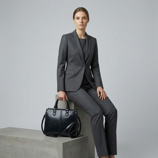 Woman in a gray suit holding a black handbag on a light gray background