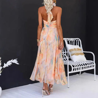 Women's Elegant Floral Maxi Dress – Halter Neck Open Back for Wedding Guests & Summer Events
