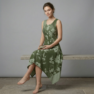Woman wearing a green floral dress sitting on a concrete bench against a gray background