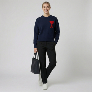 Front view of a navy blue knit sweater with a red heart emblem on a female model.