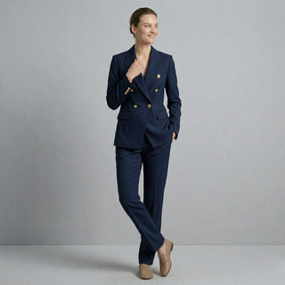 A woman wearing a classic navy blue double-breasted pantsuit, offering a bold and professional aesthetic.
