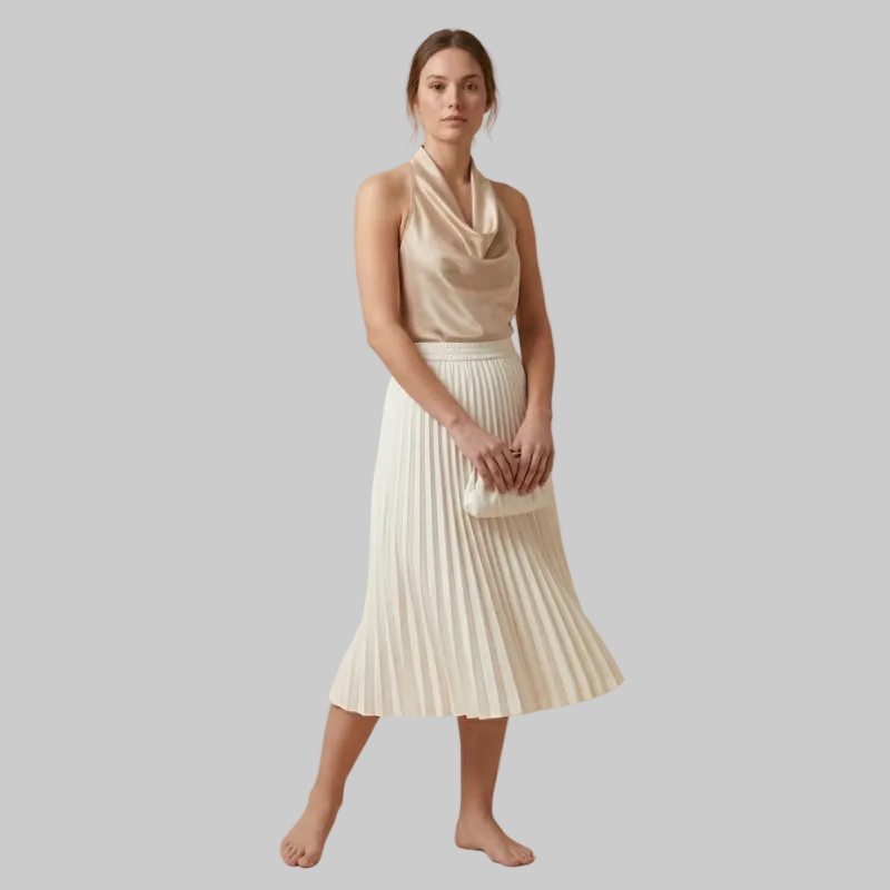 Woman wearing a beige sleeveless top and white pleated skirt on a beige background
