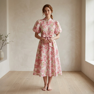 A woman wearing a pink floral puff-sleeve midi dress with a waist tie in a warm, minimalist room.
