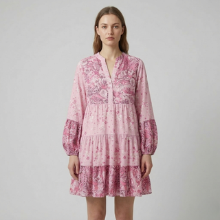 Woman wearing a pink floral dress against a plain background